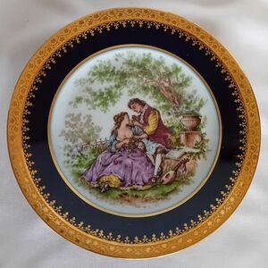 Vintage F.M Limoges France Handpainted Courting Couple Plate With Gold Trim